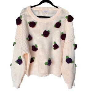 Elegant Floral Knit Sweater - Cream and Purple crochet